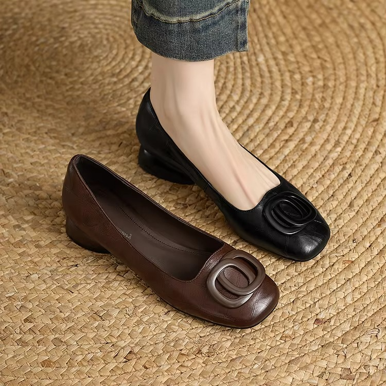 Square Toe Rosette Block Heel Ballet Flats