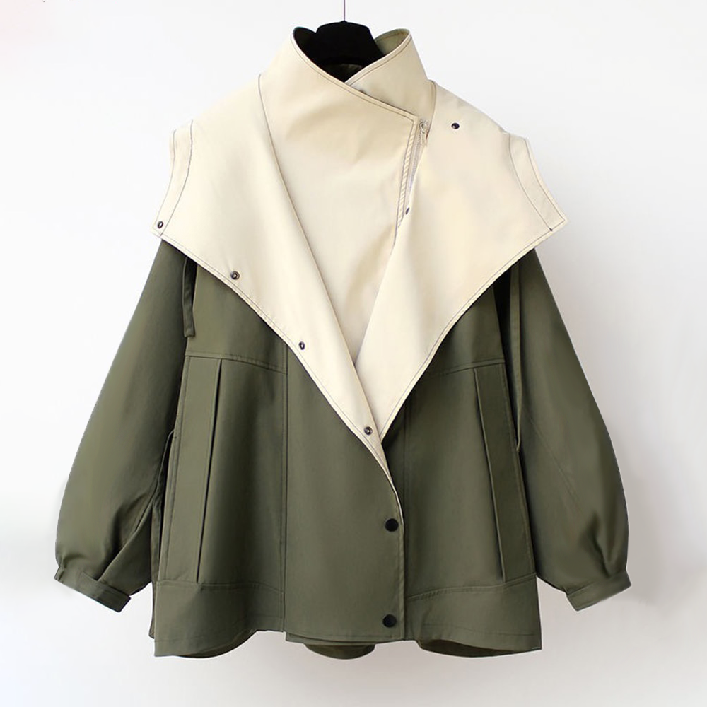 Contrast Collar Button Front Drawstring Windbreaker Jacket