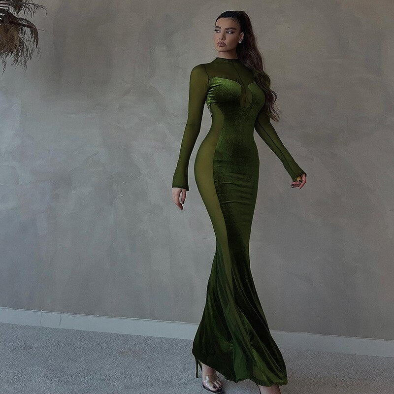 Velvet Sheer Mesh Panel Mock Neck Long Sleeve Bodycon Maxi Dress 5