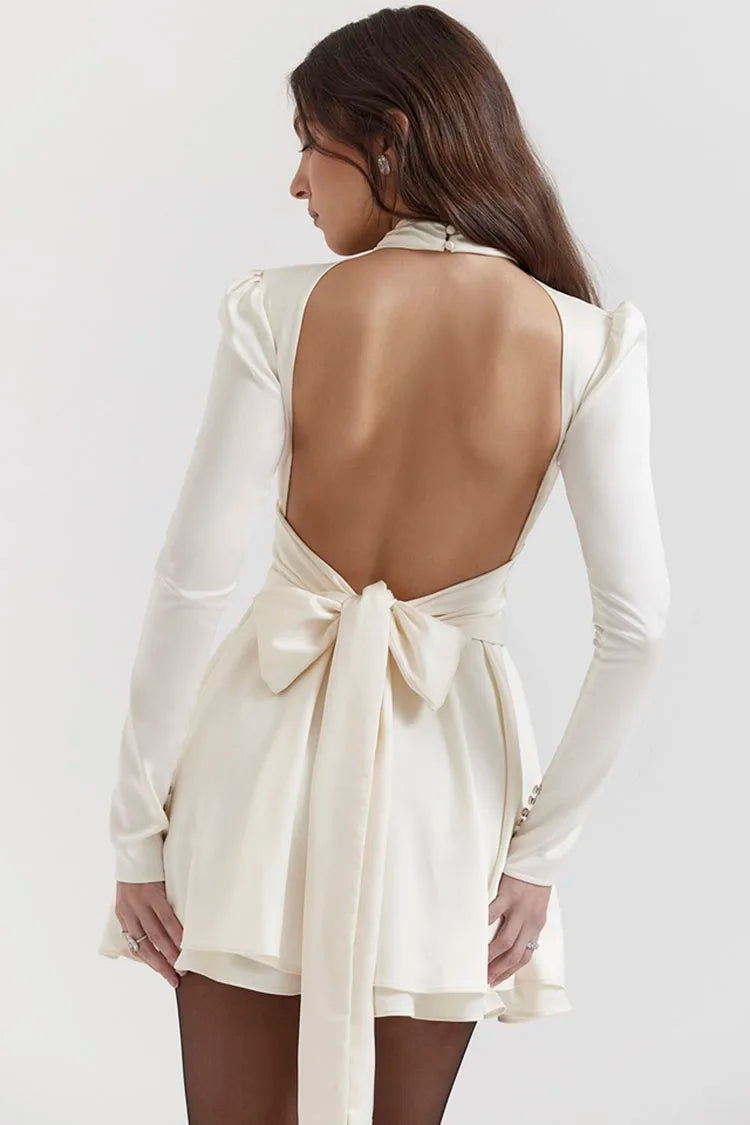 Satin Long Sleeve Open Back Bow Tie Waist Flared Mini Dress 3