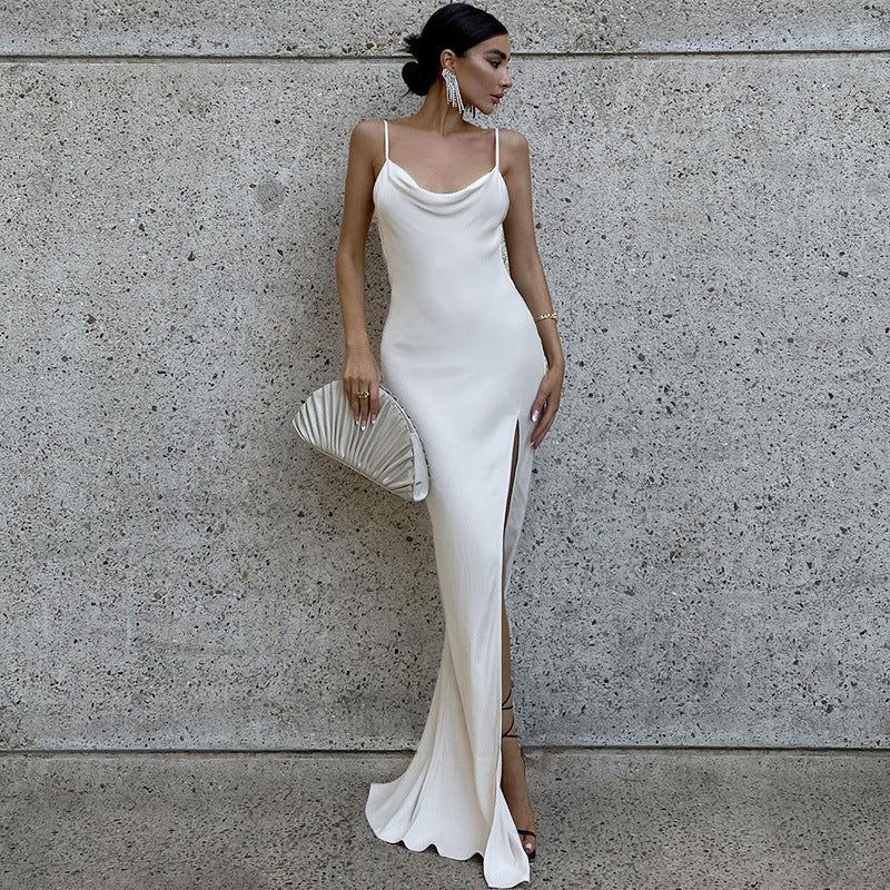 Satin Cowl Neck Spaghetti Strap High Split Maxi Slip Dress