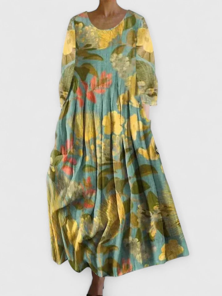 Floral Round Neck Pleated Pocket Maxi Dress