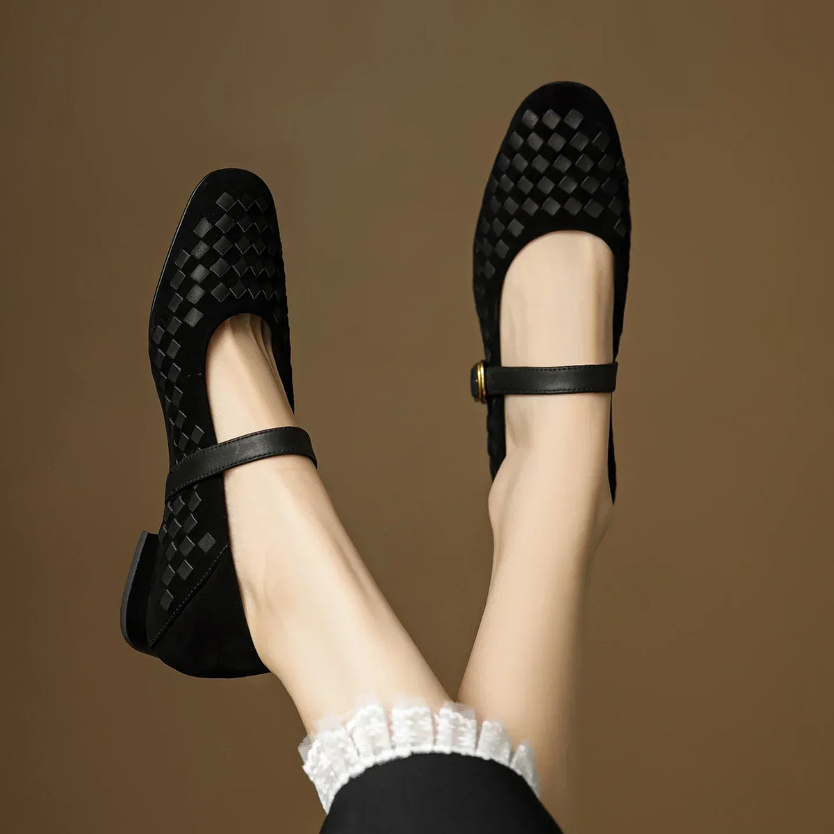 Woven Suede-Look Square Toe Buckle Strap Mary Jane Flats