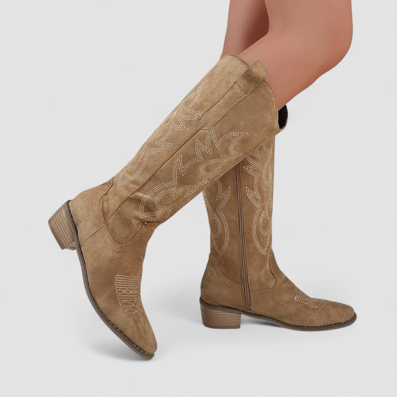Embroidered Pointed Toe Western Knee High Boots