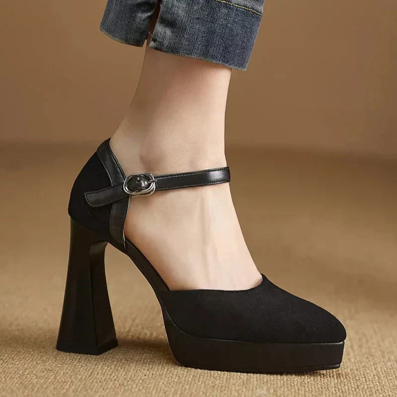Suede Ankle Strap Platform Block Heel Pumps