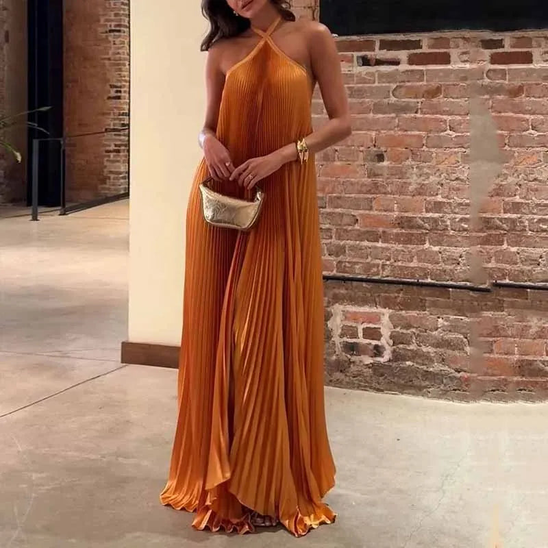 Kyla - Chic Pleated Halter Neck Maxi Dress Orange