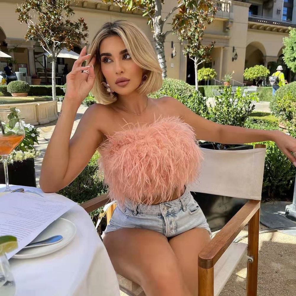 Faux Ostrich Feather Soft Fur Tank Short Vest Colorful Backless Nightclub Tube Top