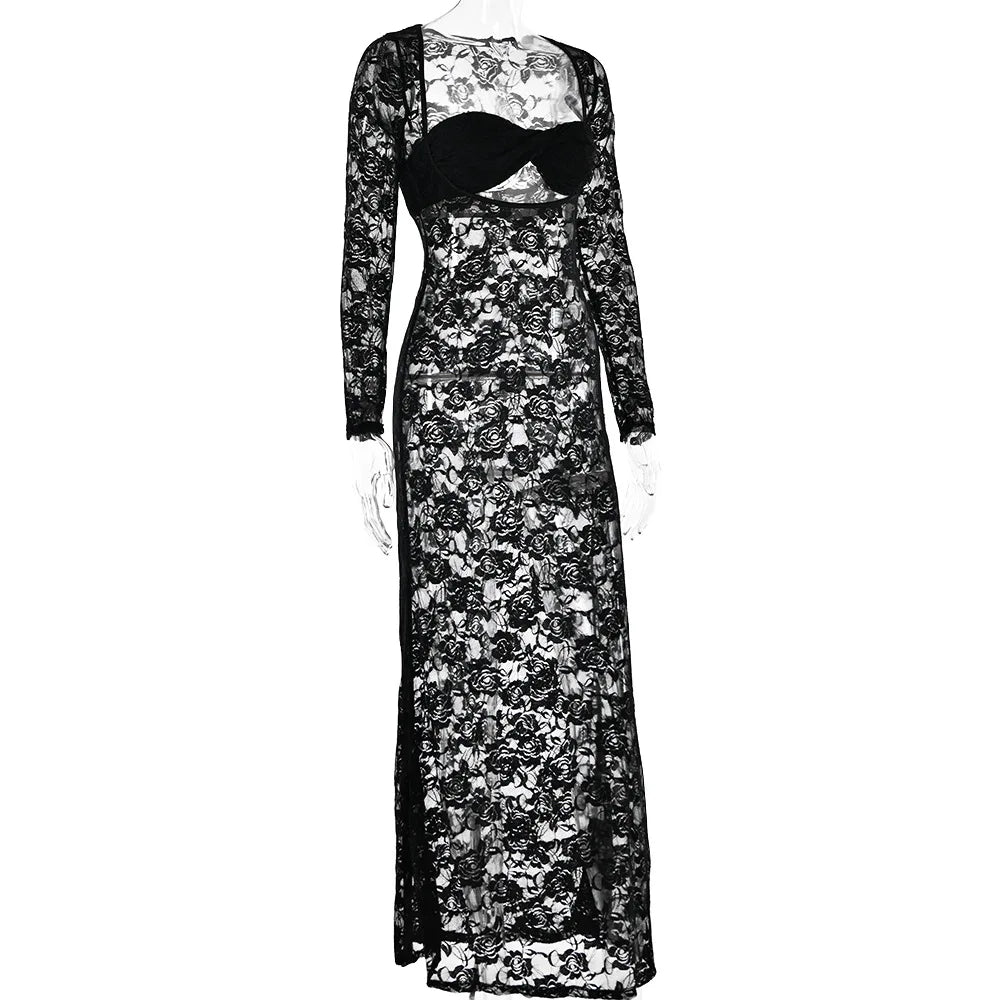 Sheer Floral Lace Long Sleeve Cut Out Twist Bust Bodycon Maxi Dress 24
