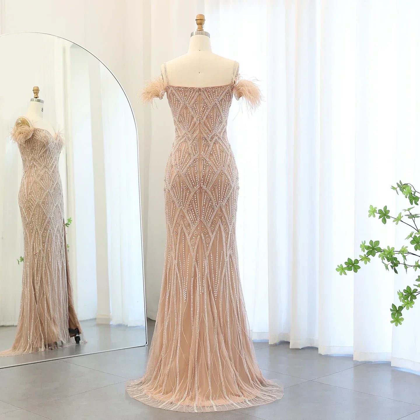 Feathers Beaded Long Prom Formal Gowns