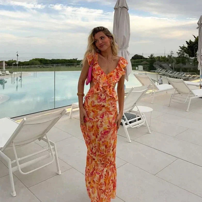 Sofía Minimalist Orange Summer Dress with Ruffles Evening Wear Edit
