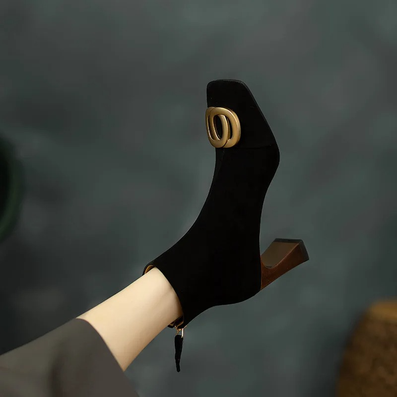 Suede Look Square Toe Metal Buckle Block Heel Ankle Boots