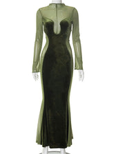 O Elegant Arm Dresses Fashion Full-Length Through Fall Party Gown Club Neck for Outfits Sexy - Long Mesh Patchwork See Women