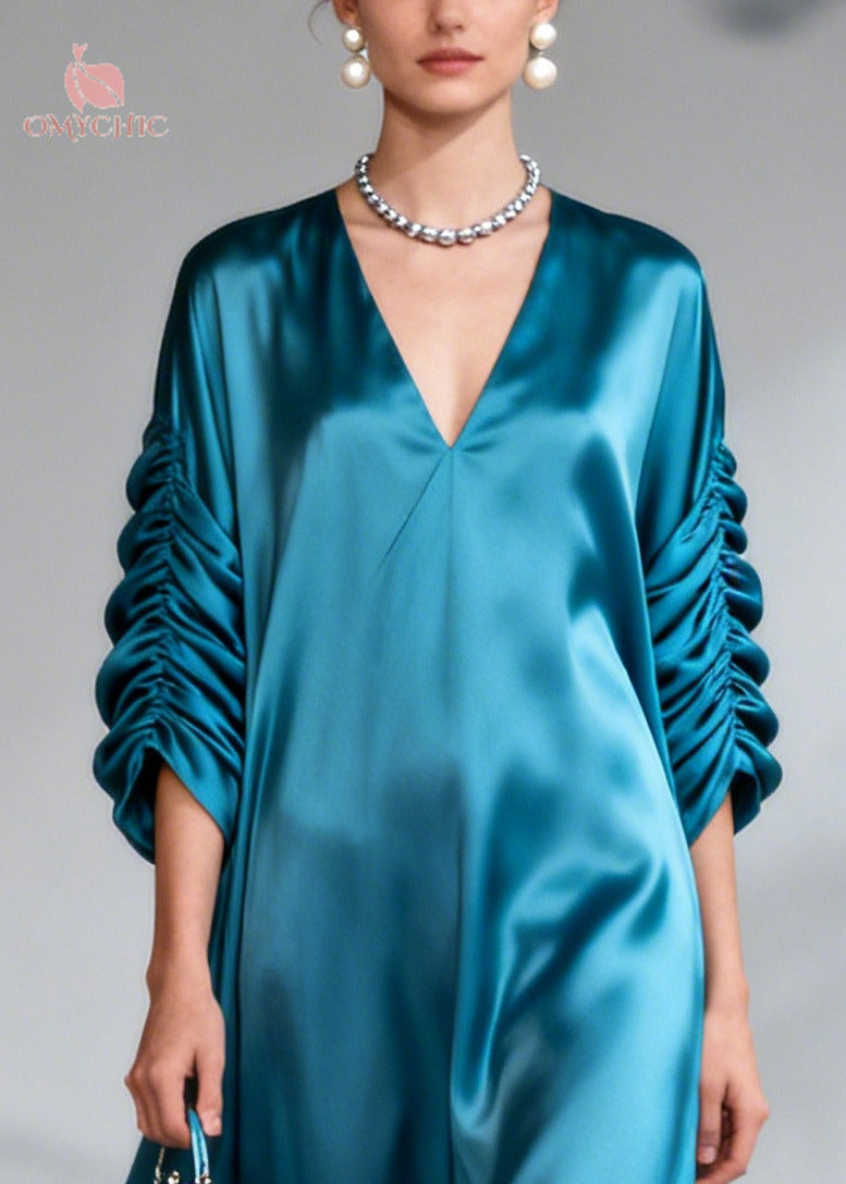 Satin Deep V-Neck Ruched Bishop Sleeve Oversized Flowy Maxi Gown