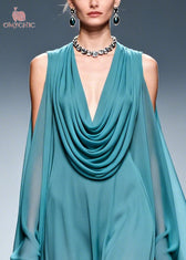 Sea Blue Patchwork Chiffon Maxi Dresses Cold Shoulder Flower Lace Summer 2