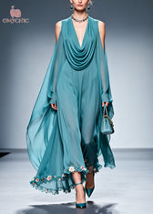 Sea Blue Patchwork Chiffon Maxi Dresses Cold Shoulder Flower Lace Summer 3