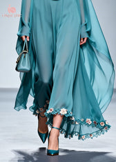 Sea Blue Patchwork Chiffon Maxi Dresses Cold Shoulder Flower Lace Summer 4