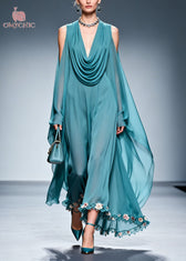 Sea Blue Patchwork Chiffon Maxi Dresses Cold Shoulder Flower Lace Summer 5