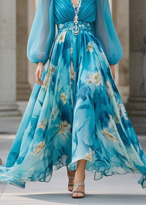 Chiffon Deep V-Neck Bishop Sleeve Ruched Bodice Belted Floral Print Maxi Gown