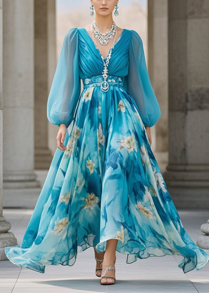 Chiffon Deep V-Neck Bishop Sleeve Ruched Bodice Belted Floral Print Maxi Gown