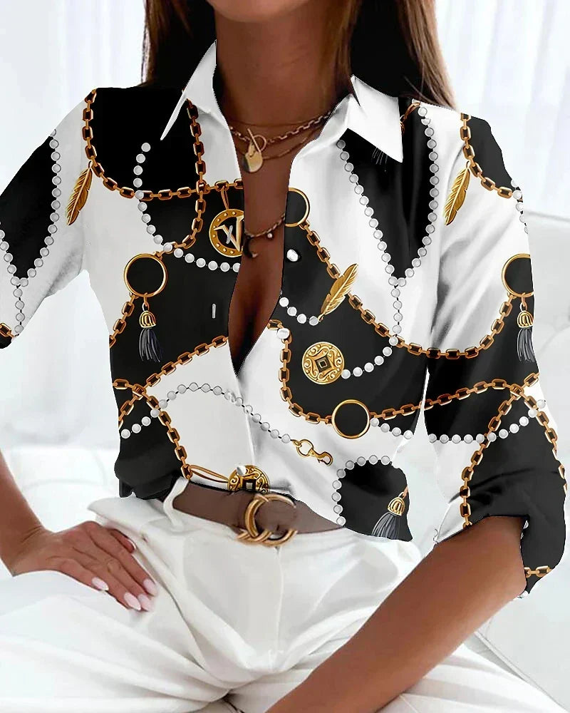 Geometric Colorblock Long Sleeve Button Front Blouse
