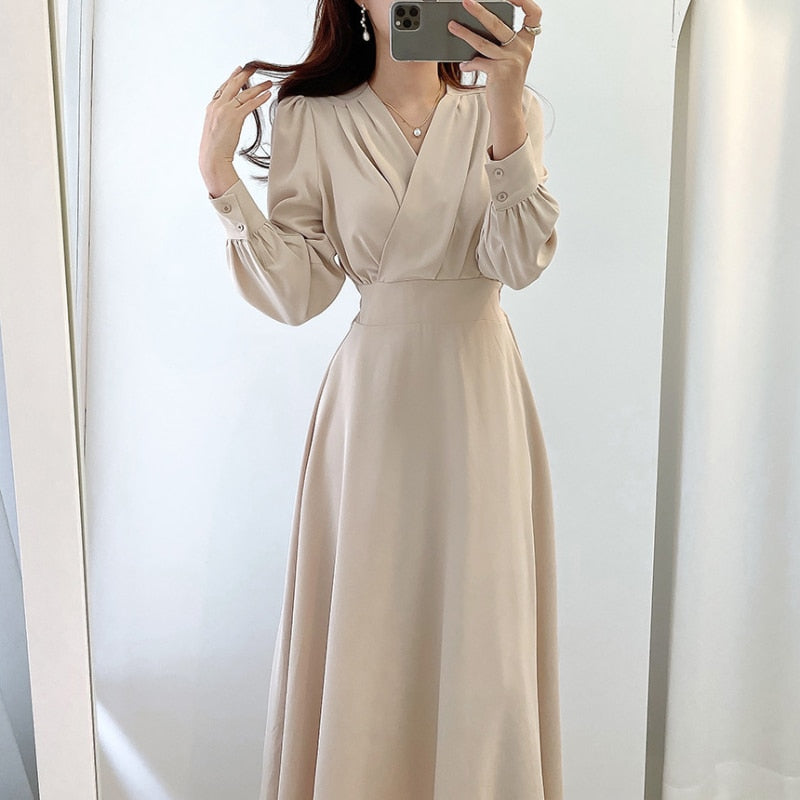 V-Neck Wrap Long Sleeve A-Line Midi Dress