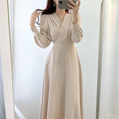 V-Neck Wrap Long Sleeve A-Line Midi Dress