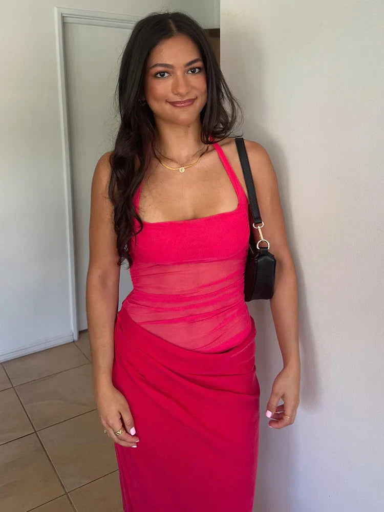 Hollow Patchwork Halter Maxi Dress