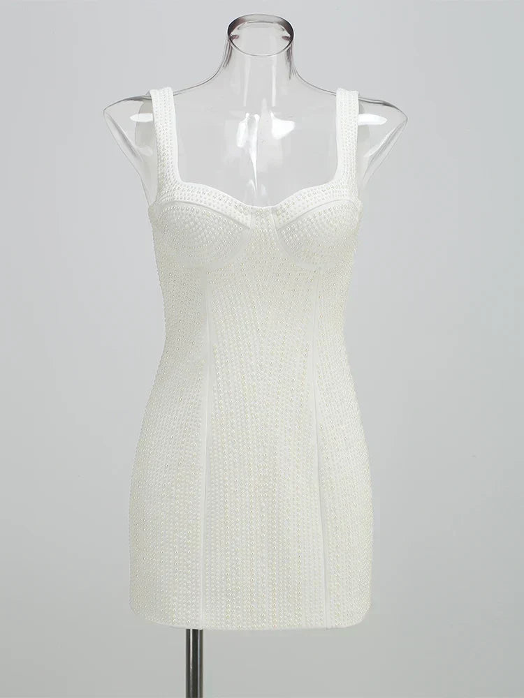 Faux Pearl Beaded Square Neck Spaghetti Strap Bodycon Mini Dress 10