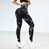 Tie Dye Waist Tummy Control Seamless Push Up Yoga Legging Black / S
