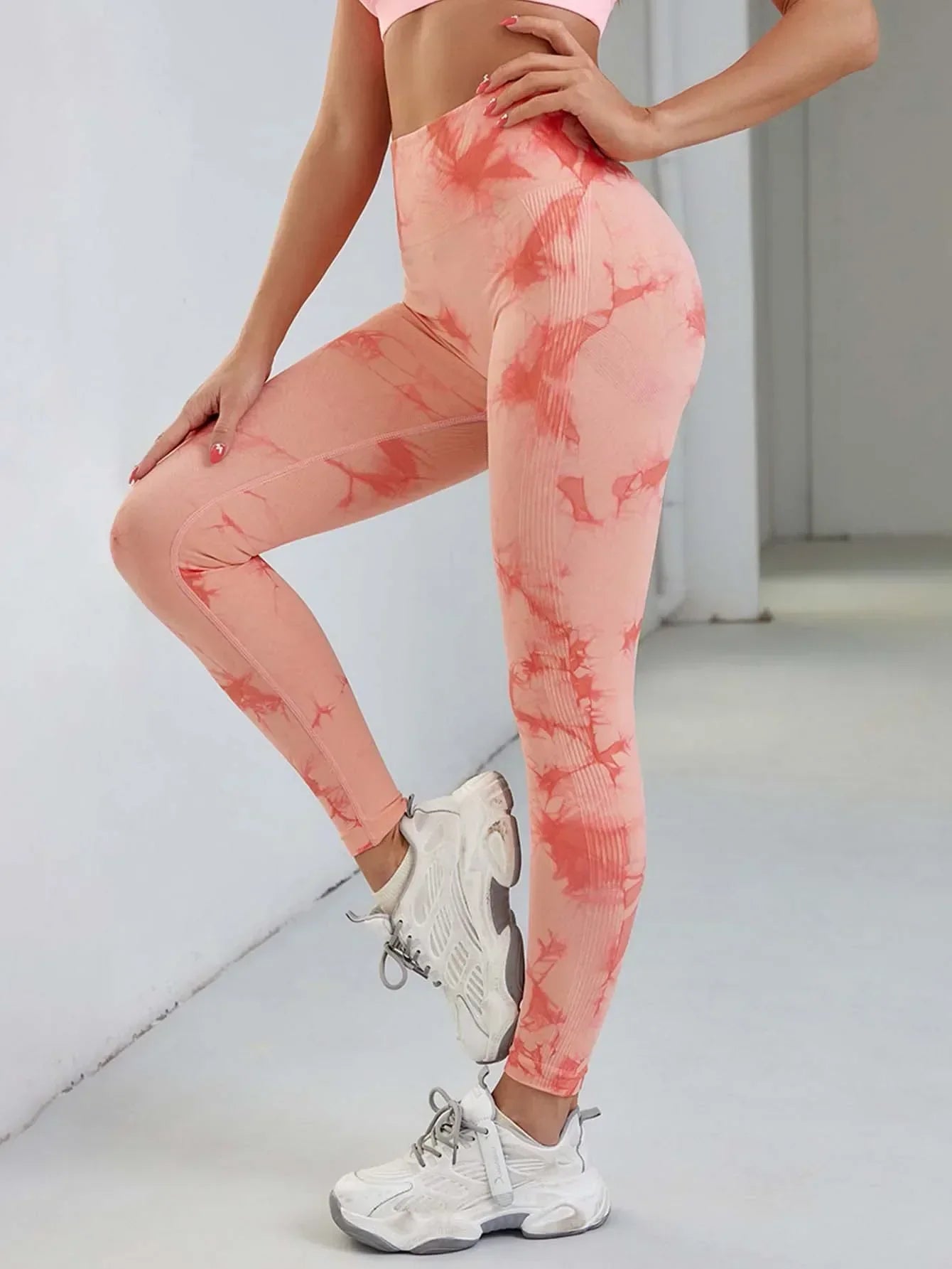 Tie Dye Waist Tummy Control Seamless Push Up Yoga Legging Orange / S