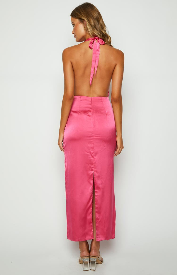 Satin Halter Neck Deep V-Neck Backless Column Maxi Dress 7