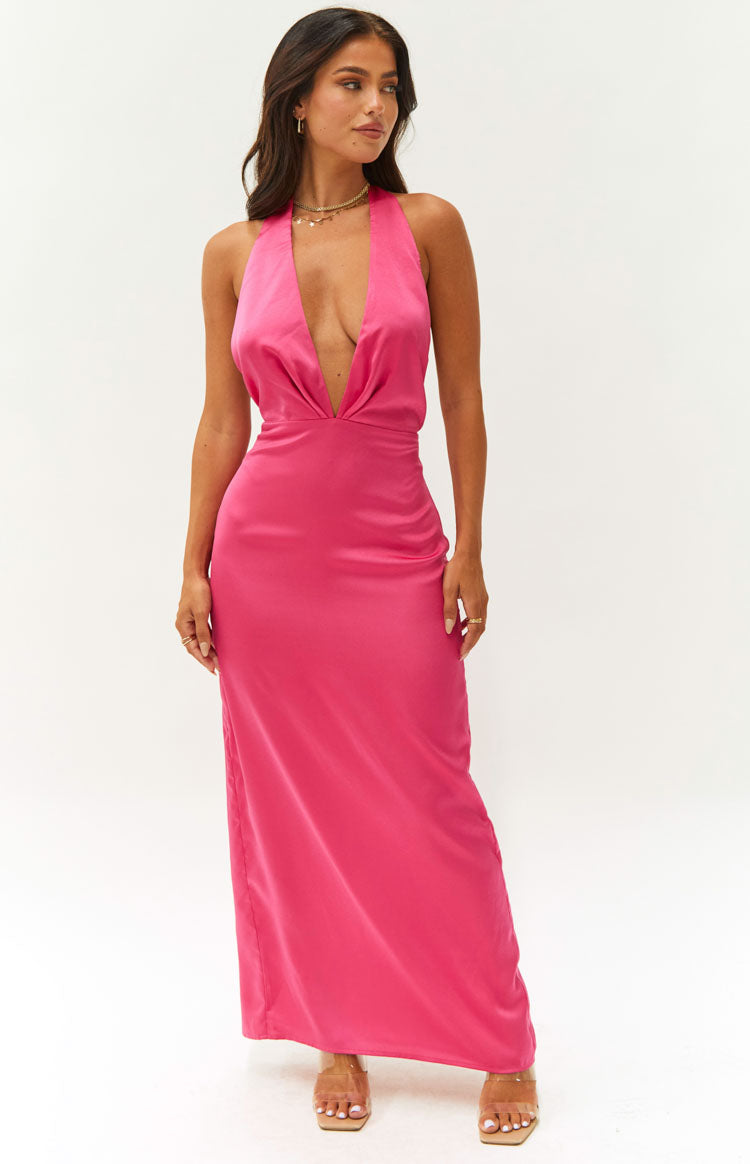 Satin Halter Neck Deep V-Neck Backless Column Maxi Dress 4
