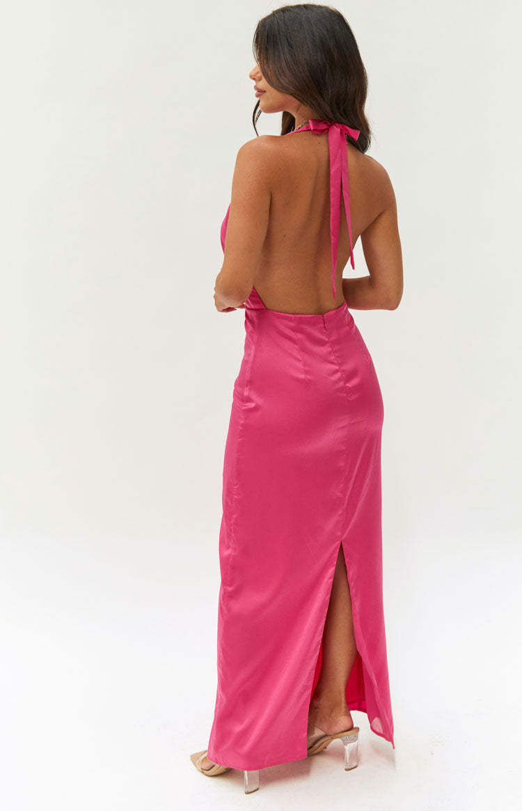 Satin Halter Neck Deep V-Neck Backless Column Maxi Dress 13