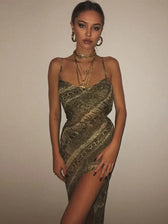 Snake Print Chiffon Sheer Strap Backless Slit Slip Dress 5