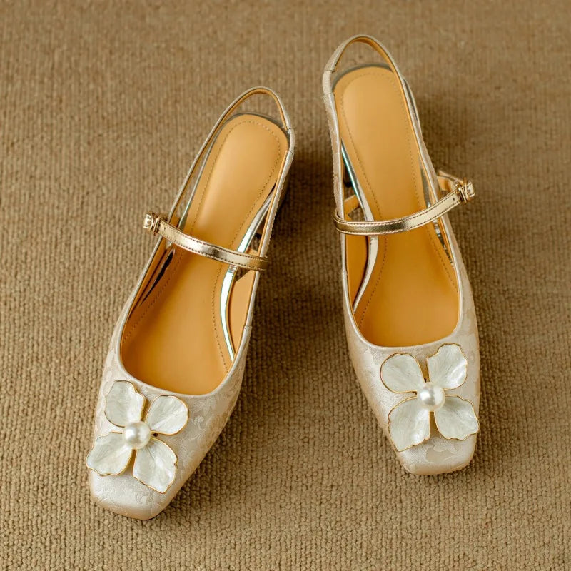 Square Toe Flower Ankle Strap Block Heel Mary Jane Pumps