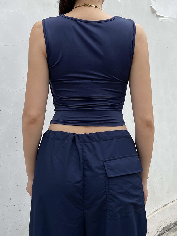 Mojoyce Streetwear Drawstring Low Waist Casual Blue Women's Pants Harajuku Baggy Trousers Hip Hop Wide Leg Capris Summer Chic