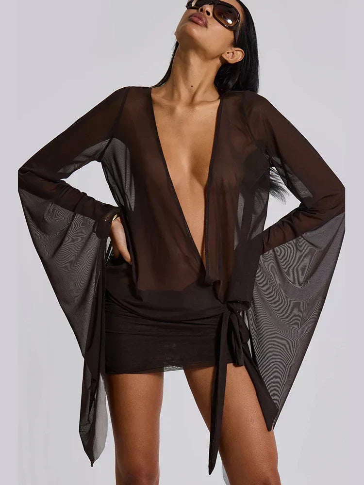 Sheer Mesh Deep V-Neck Flare Sleeve Tie Waist Mini Dress 5
