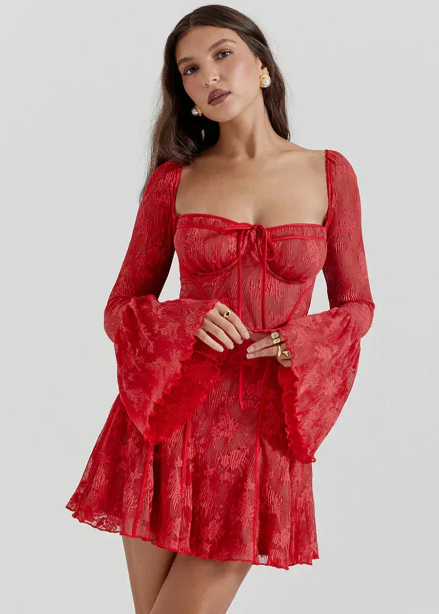 Self-Tie Lace Long Sleeve Dress - Vibrant Red - View 3
