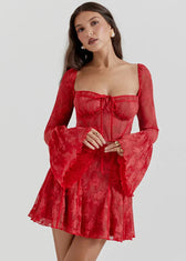 Self-Tie Lace Long Sleeve Dress - Vibrant Red - View 3