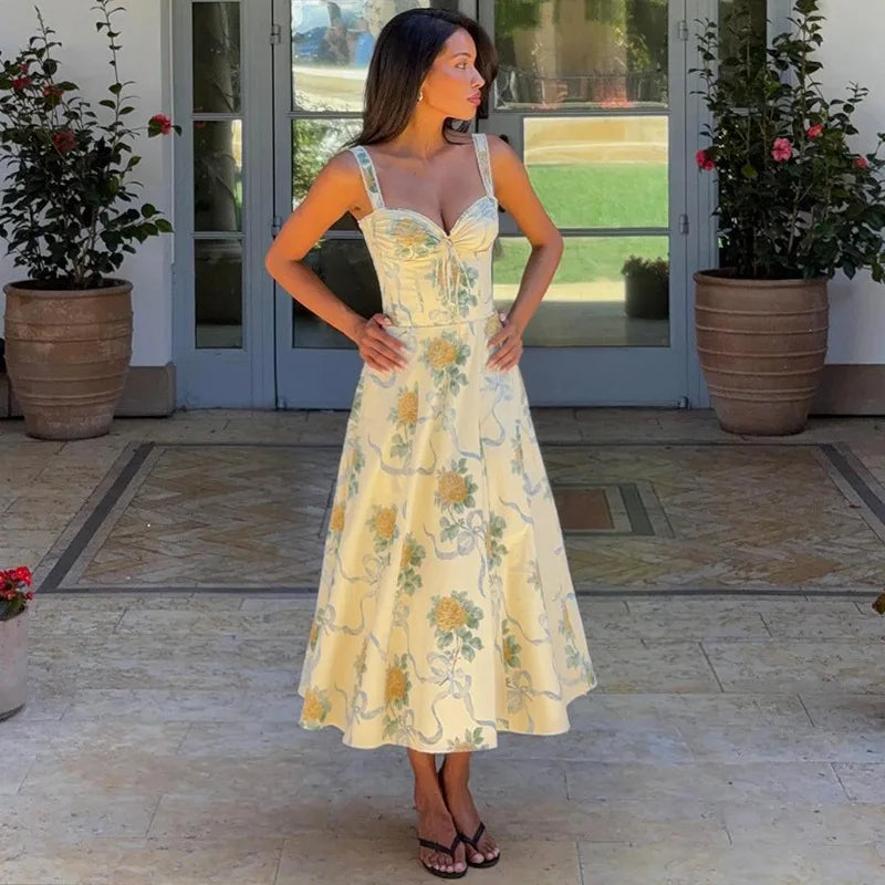 Pleated Print Aline Spaghetti Summer Dress