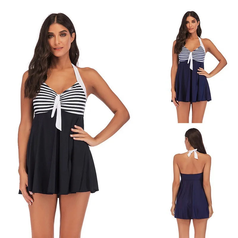 Striped Halter Neck Tie Front Swim Dress
