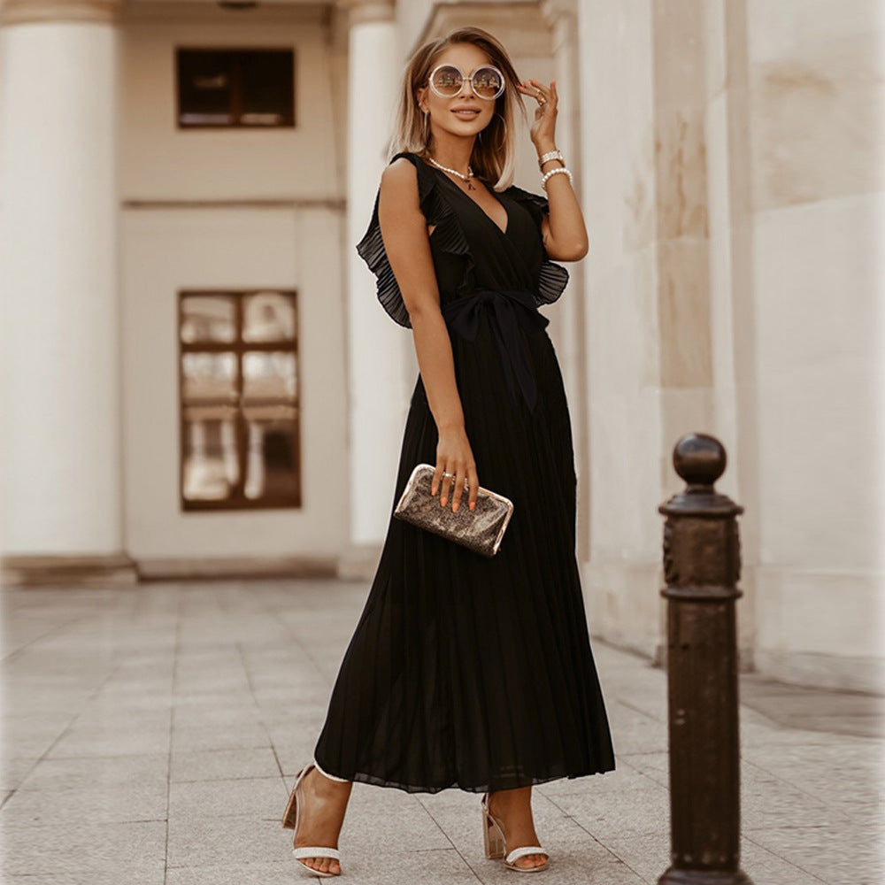 Flora Timeless Black Maxi Dress with Pleats Elevated Occasion Wear