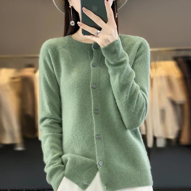 Crew Neck Button Front Long Sleeve Knit Cardigan
