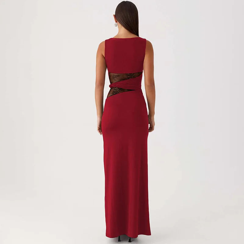 Asymmetric Neck Cap Sleeve Lace Waist Panel Bodycon Maxi Dress 4