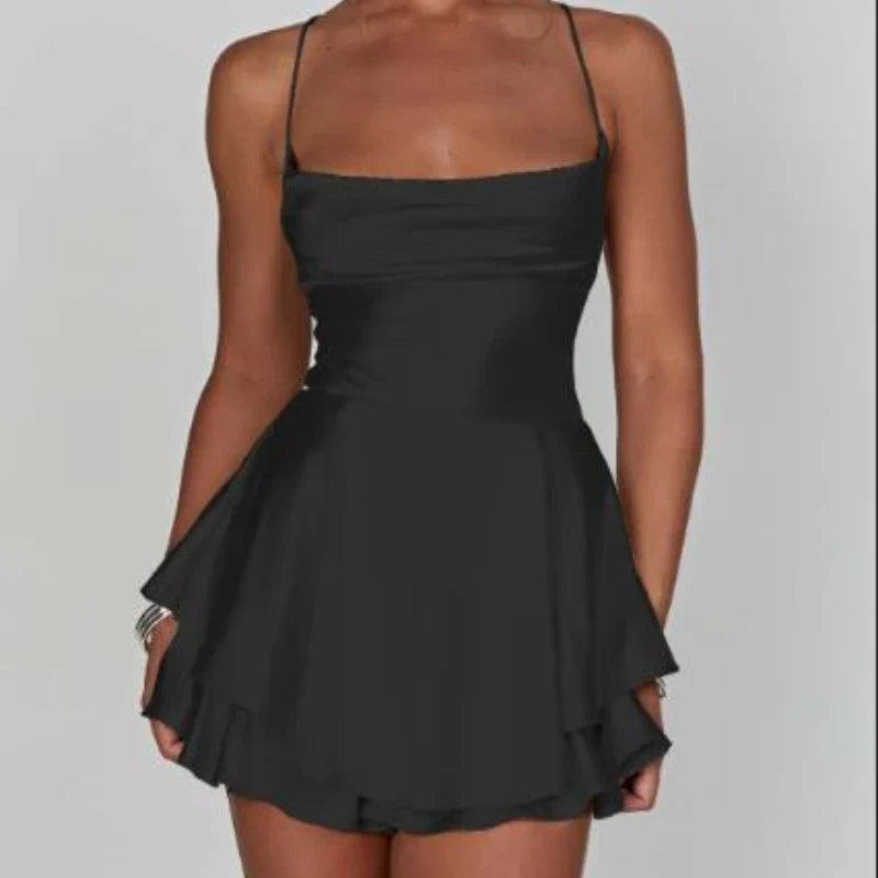 Satin Cowl Neck Tie Back Romper Mini Dress - View 7