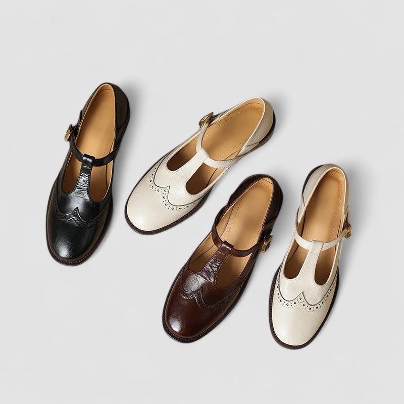 Round Toe T-Strap Buckle Brogue Mary Jane Flats