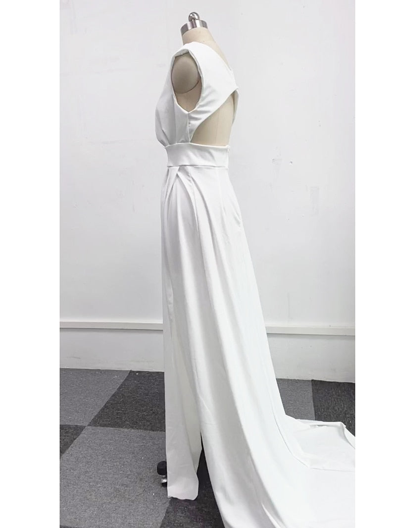Off Shoulder Deep V-Neck Wrap Bodice Pleated High Split Maxi Gown