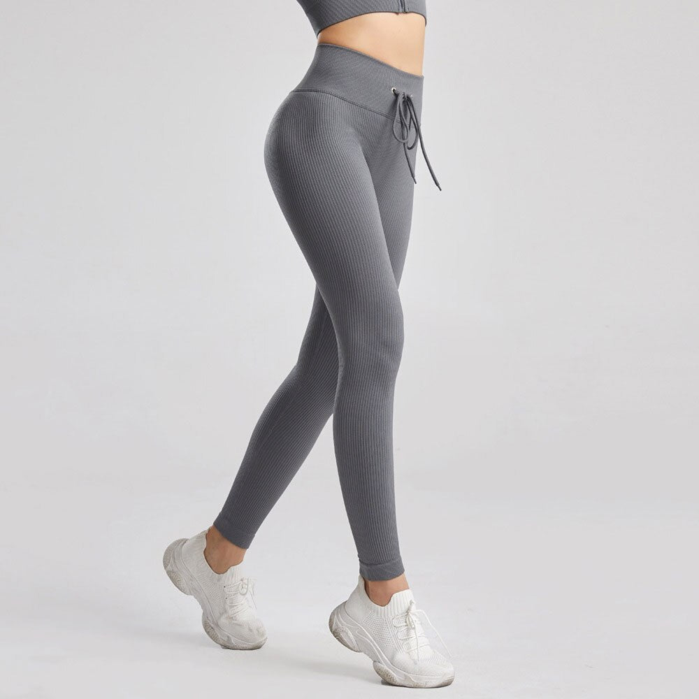 Mojoyce Ribbed Yoga Pants Women Seamless Push Up Sport Leggings Fitness Pants Tights Gym Workout Drawstring Scrunch  Legging