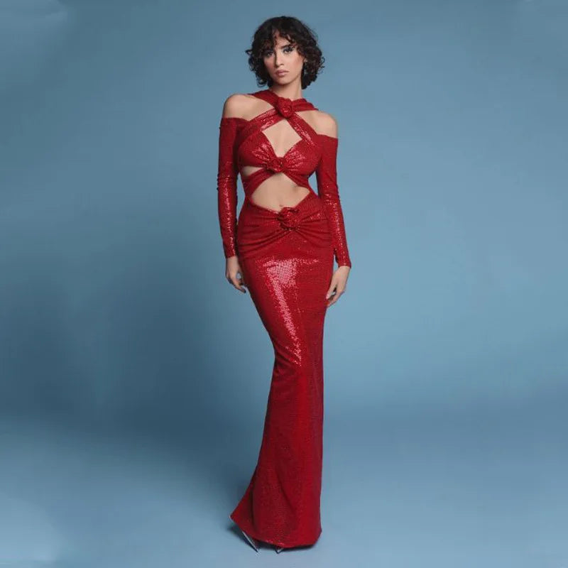 Luxury V - Neck Slit Evening Dress â€?Floral Hem Party Elegance