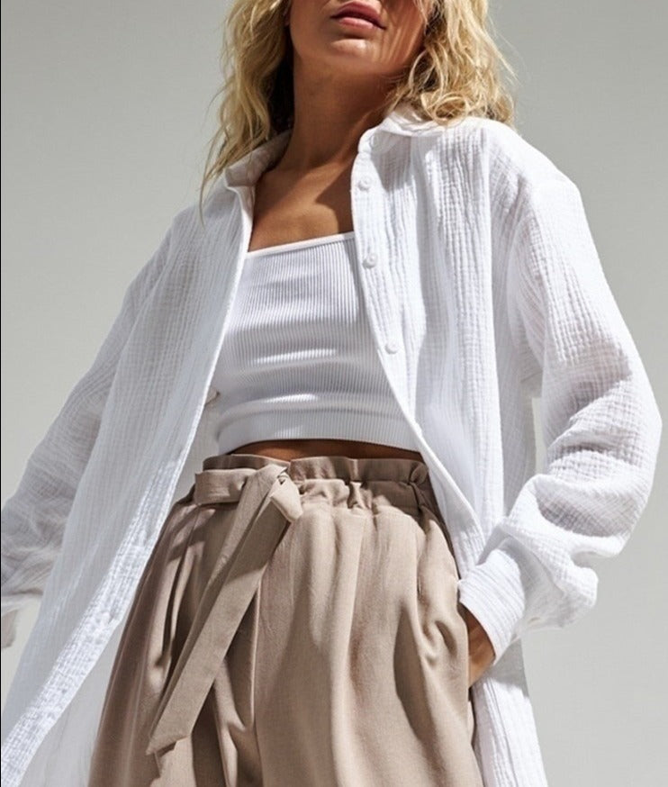Textured Gauze Collared Button Up Long Sleeve Oversized Shirt 10